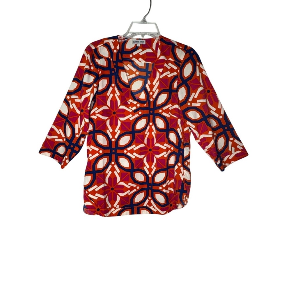 Buckhead Betties Women Geometric V Neck Popover Top L  Colorful Resort Summer